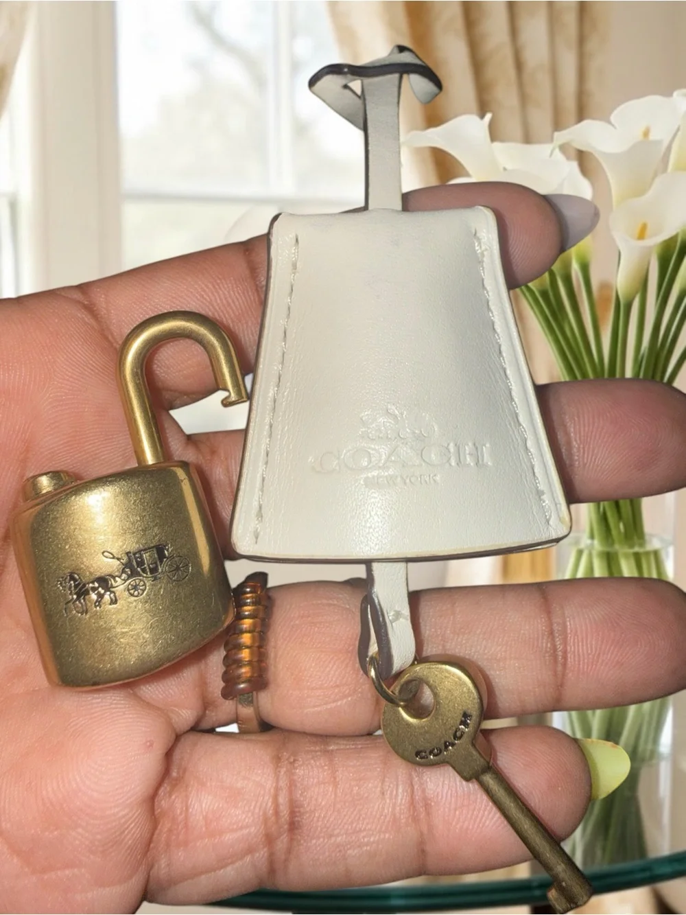 Authentic COACH Chalk White Leather Clochette & Antique Gold Padlock Charm Set